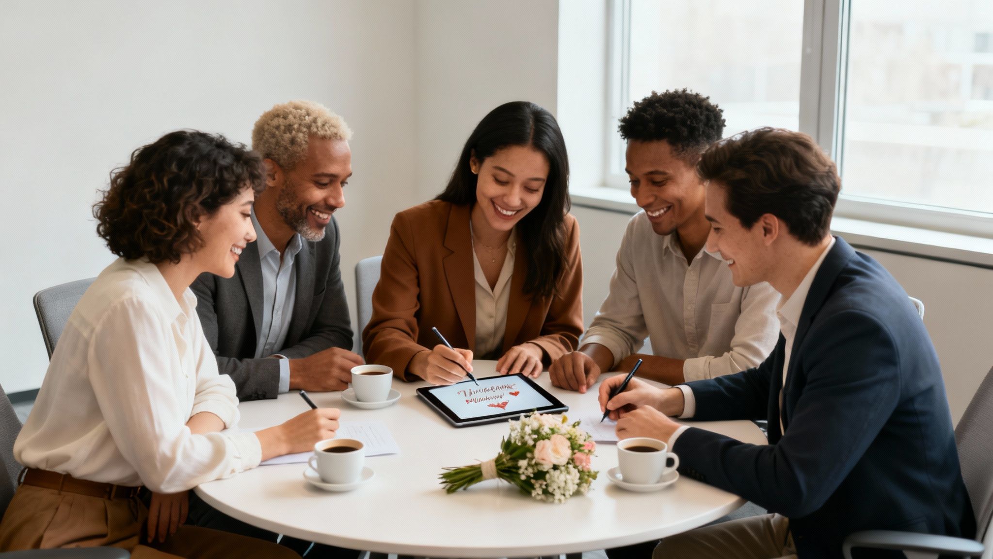 Diverse team of smiling colleagues collaborating on wedding planning during a meeting, with flowers on the table.