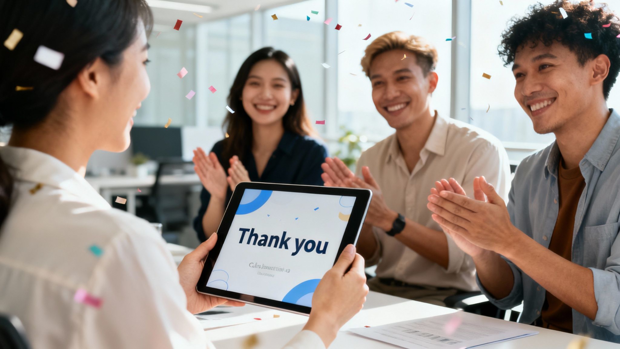 Confetti falls as diverse office workers applaud a woman holding a "Thank you" tablet.