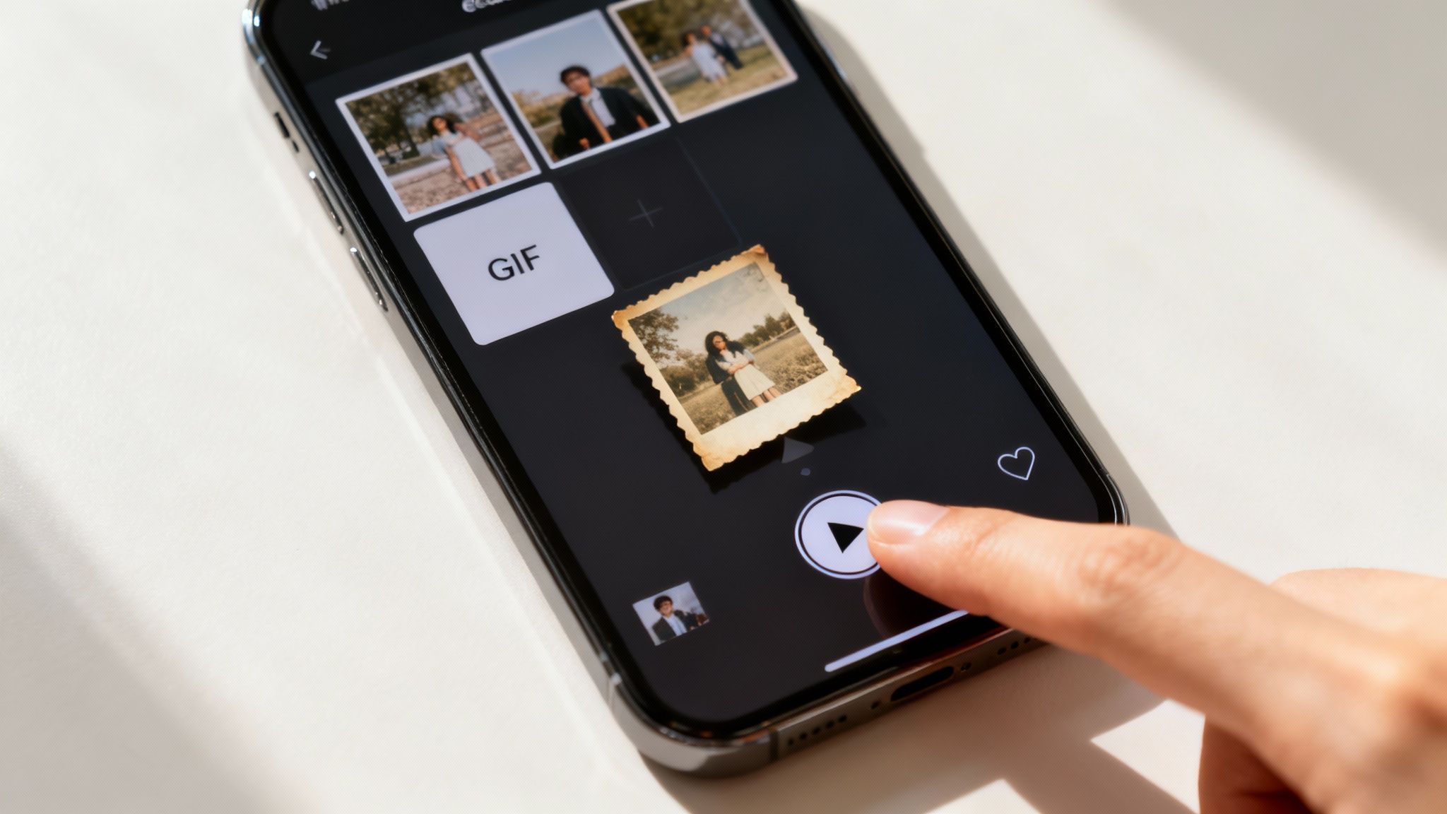 A hand interacts with a smartphone displaying a photo app for creating GIFs, showing a vintage-style image.