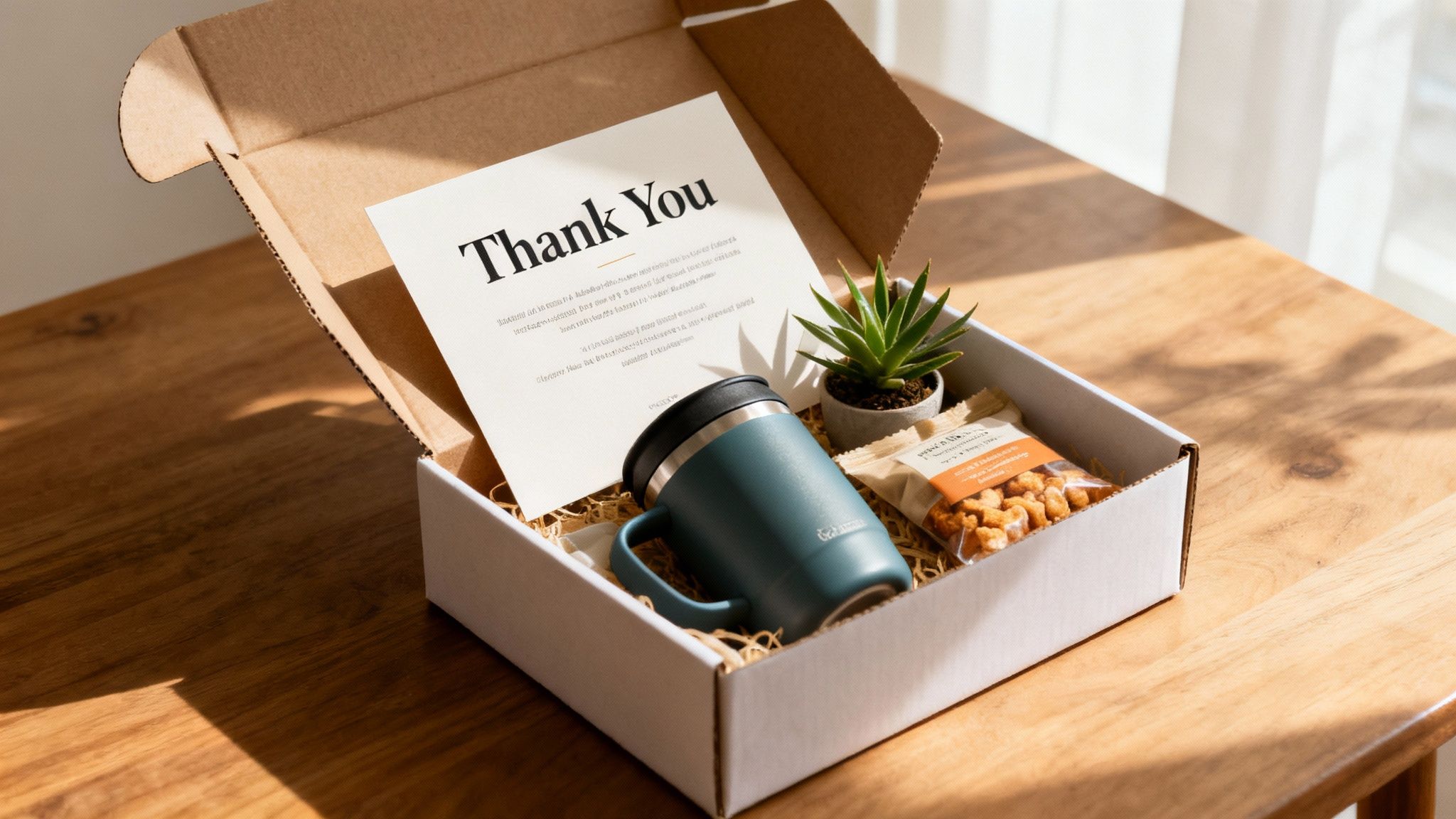 A thoughtful 'Thank You' gift box filled with a teal mug, a small succulent, and snacks.