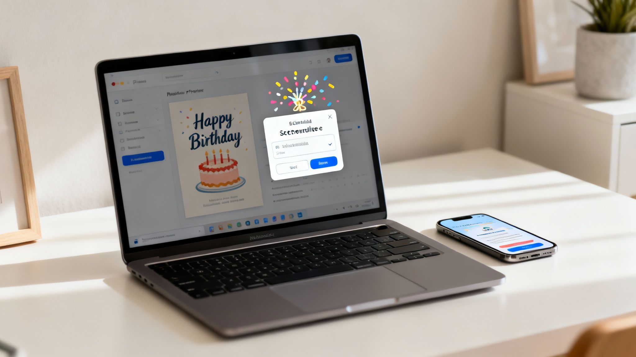 A laptop on a white desk displays a 'Happy Birthday' e-card with a schedule send popup.