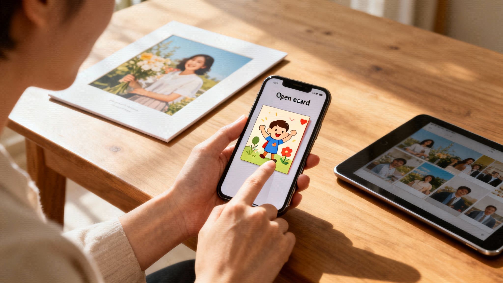 A person's hands hold a smartphone displaying a cheerful e-card, next to a photo book and tablet.