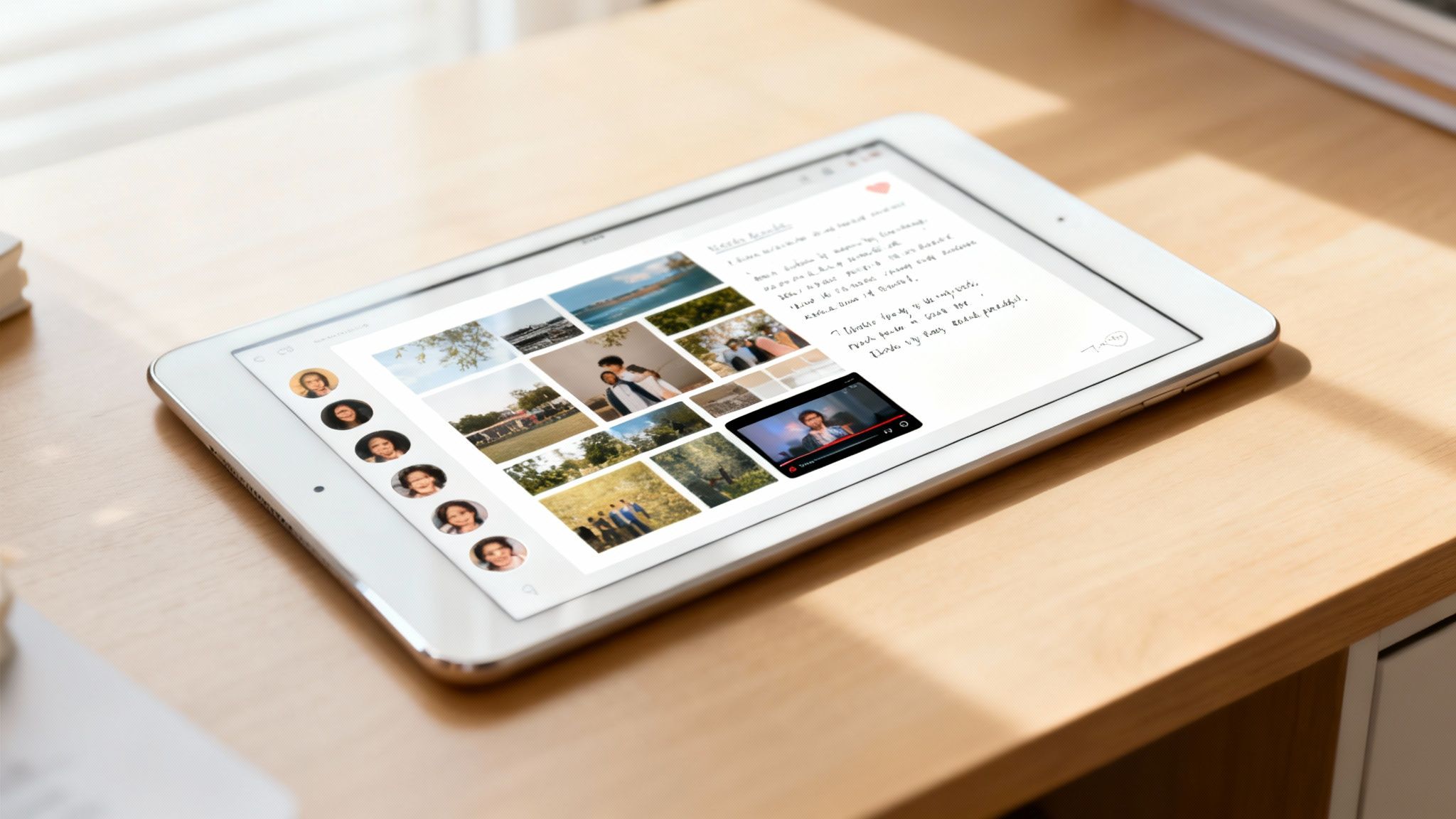 White tablet displaying a photo gallery, handwritten notes, and a video player on a wooden desk.
