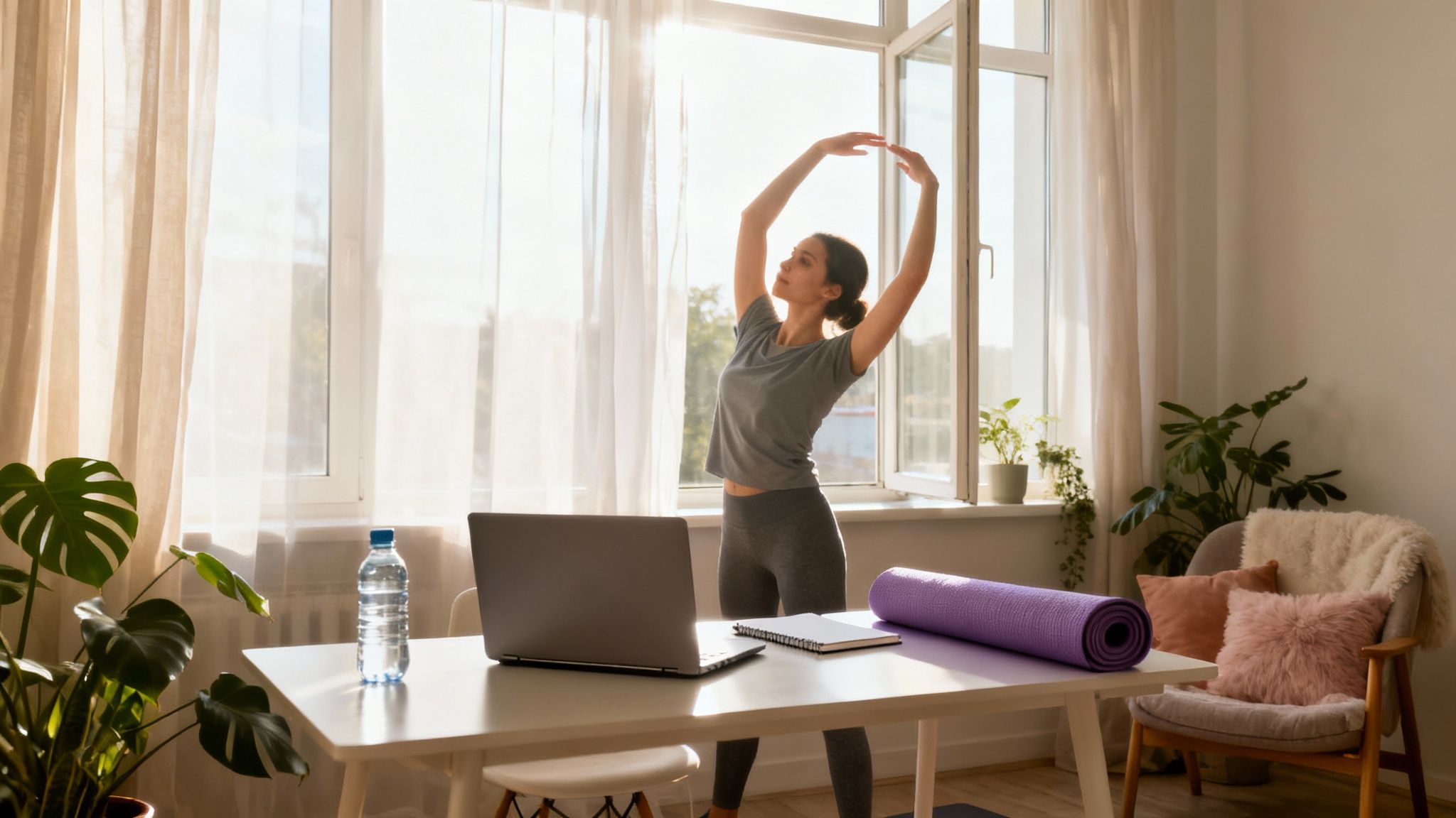 Young woman stretching in a sunny room, with a laptop, water, and yoga mat nearby.