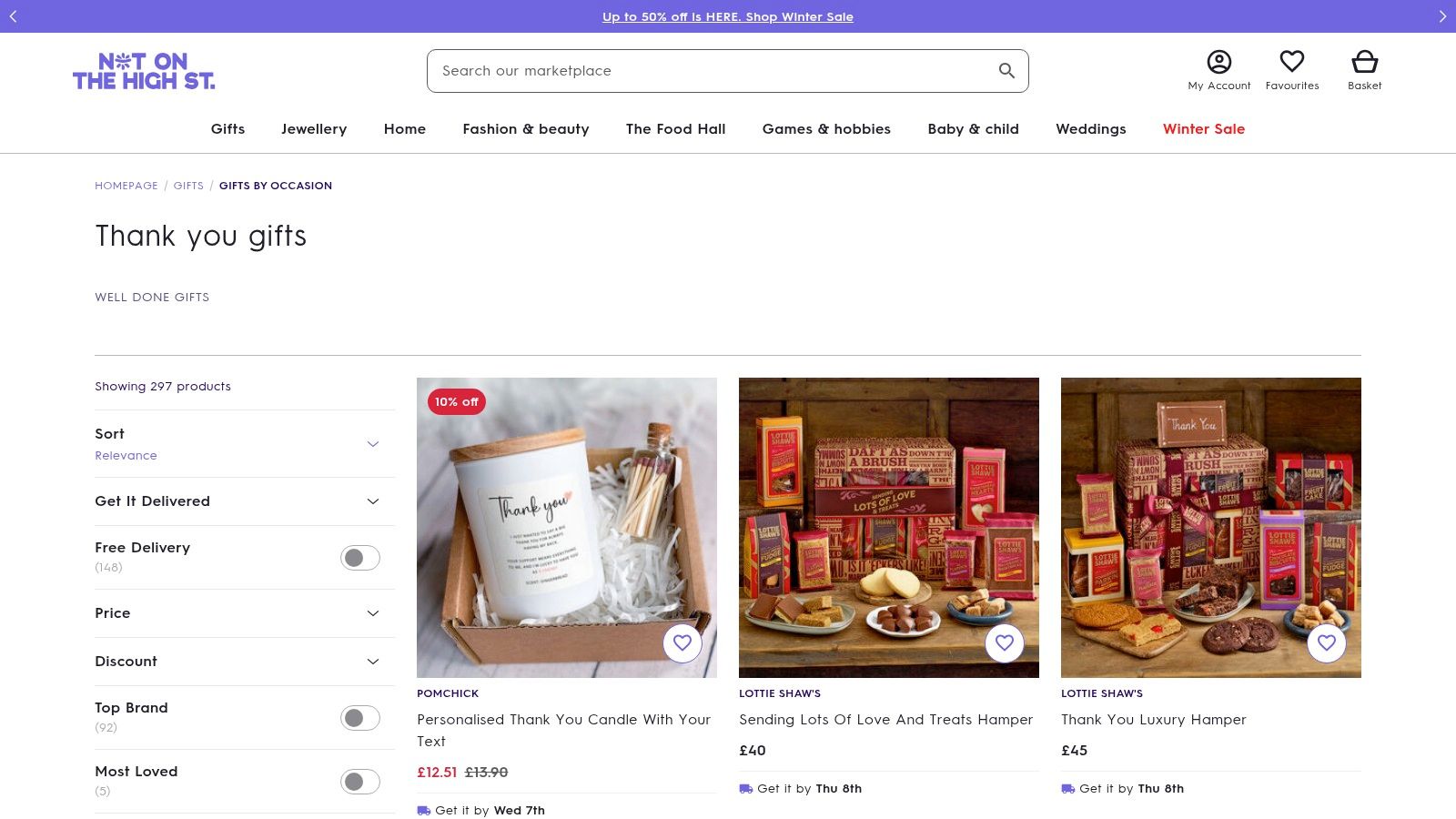 A selection of thank you gifts from Not On The High Street, including a personalised candle and a gourmet biscuit box