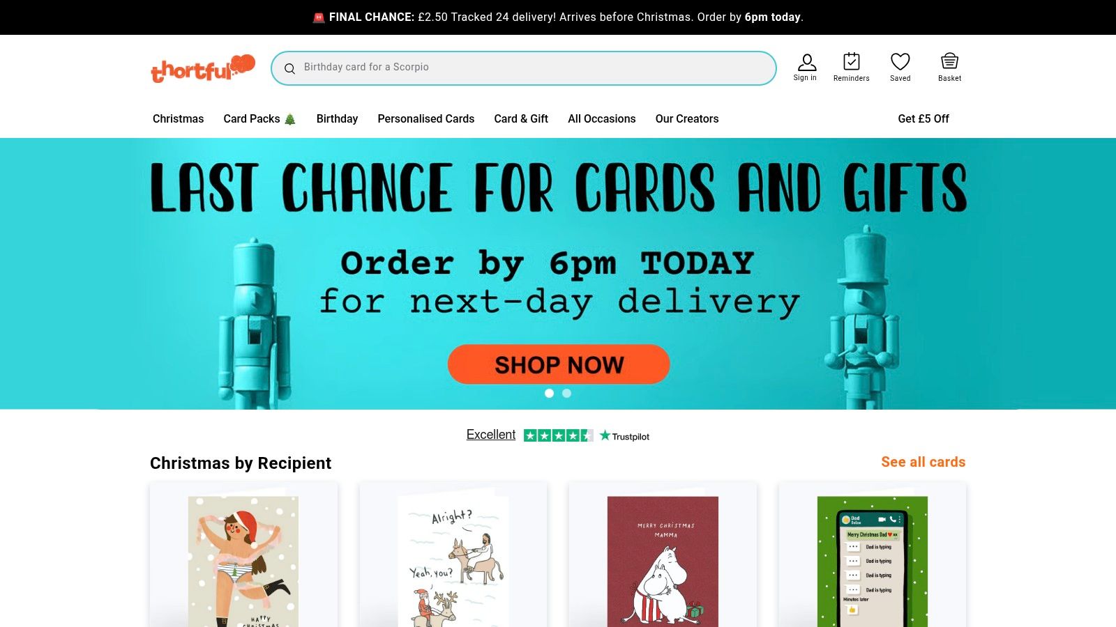 A screenshot of the thortful website homepage showing a variety of greeting cards with unique designs.