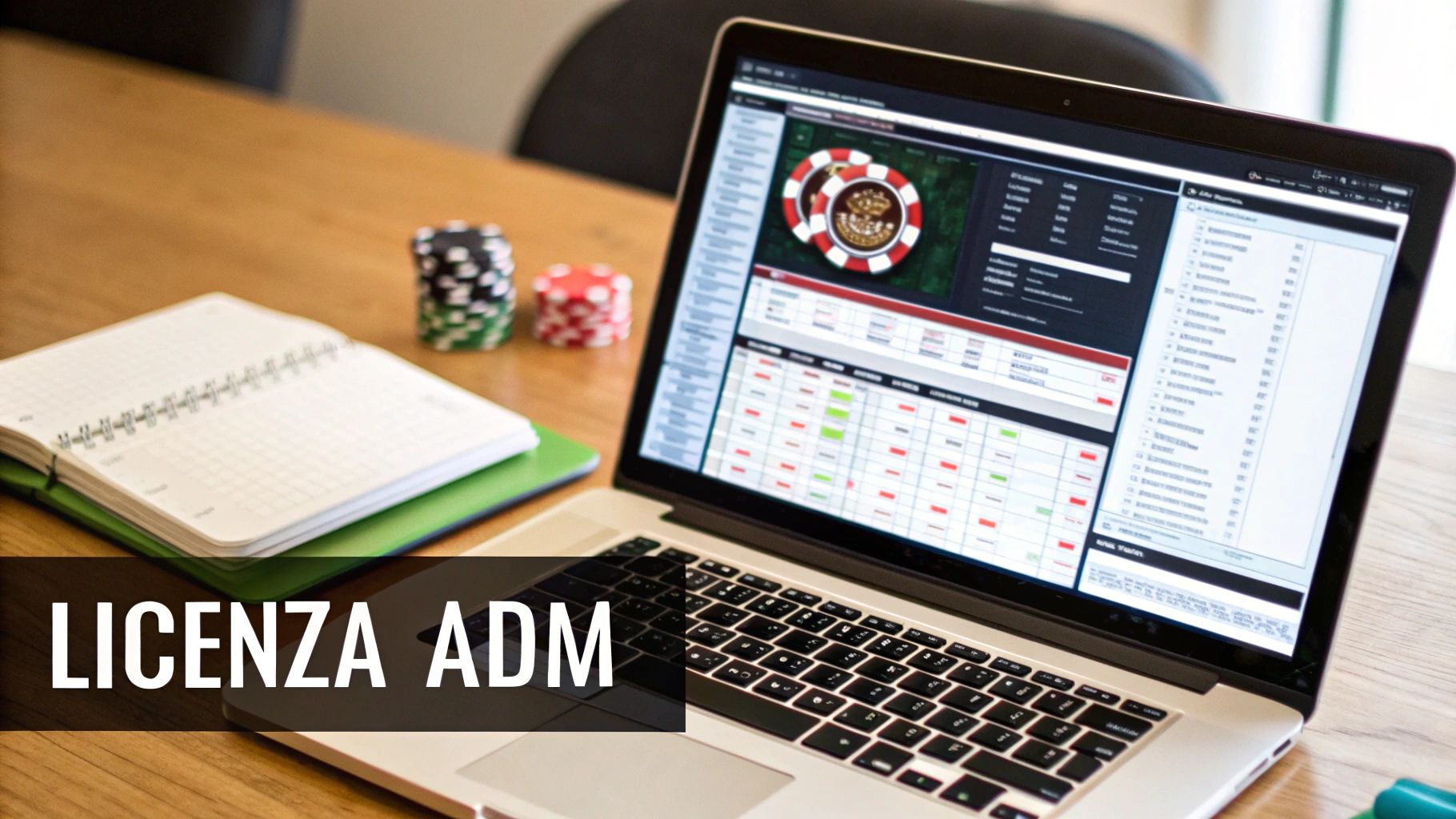 Un laptop mostra un gioco di casinò online con chip e un quaderno su un tavolo di legno, con la scritta 'LICENZA ADM'.