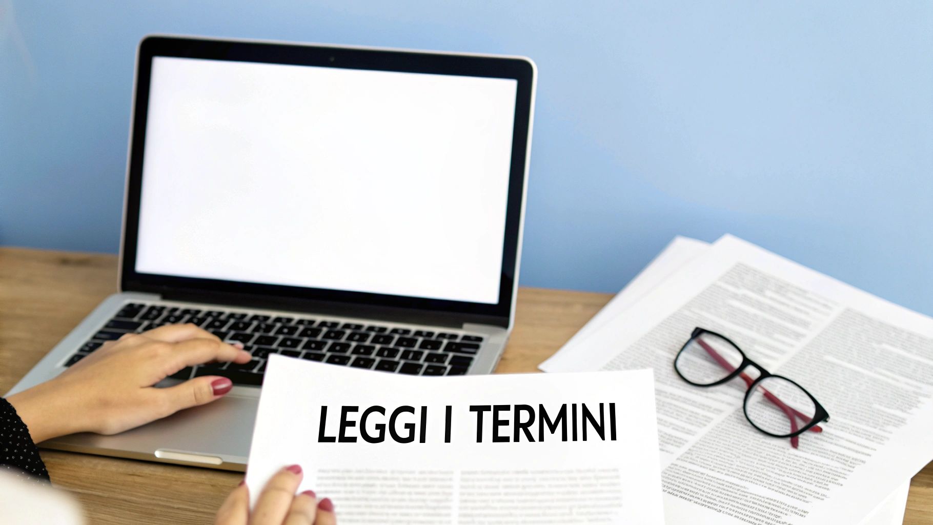 Mani digitano su laptop mentre si tiene un documento con la scritta 'Leggi i termini', con occhiali sul tavolo.