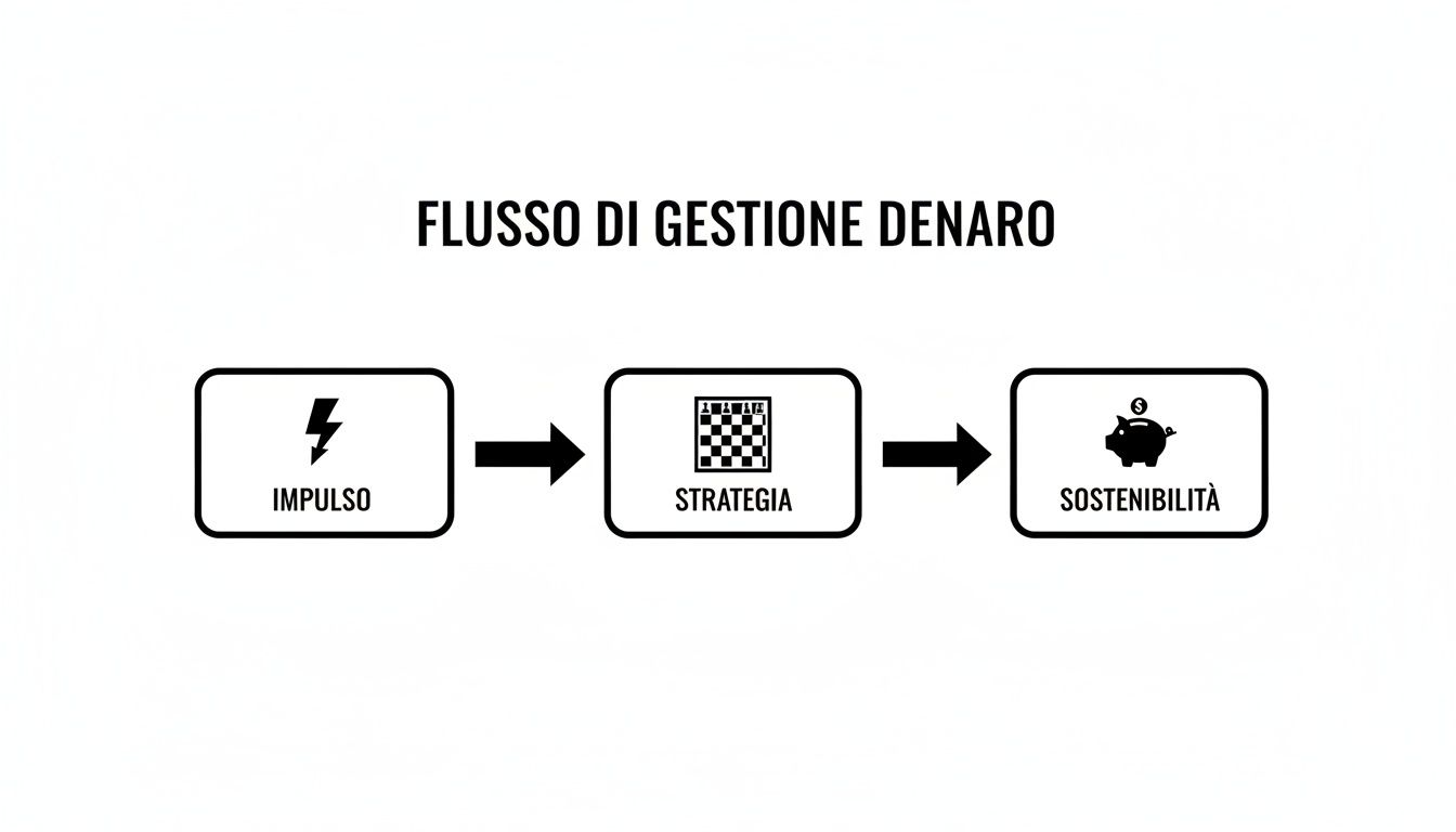 Schema a blocchi che illustra il flusso di gestione del denaro: impulso, strategia e sostenibilità con icone pertinenti.