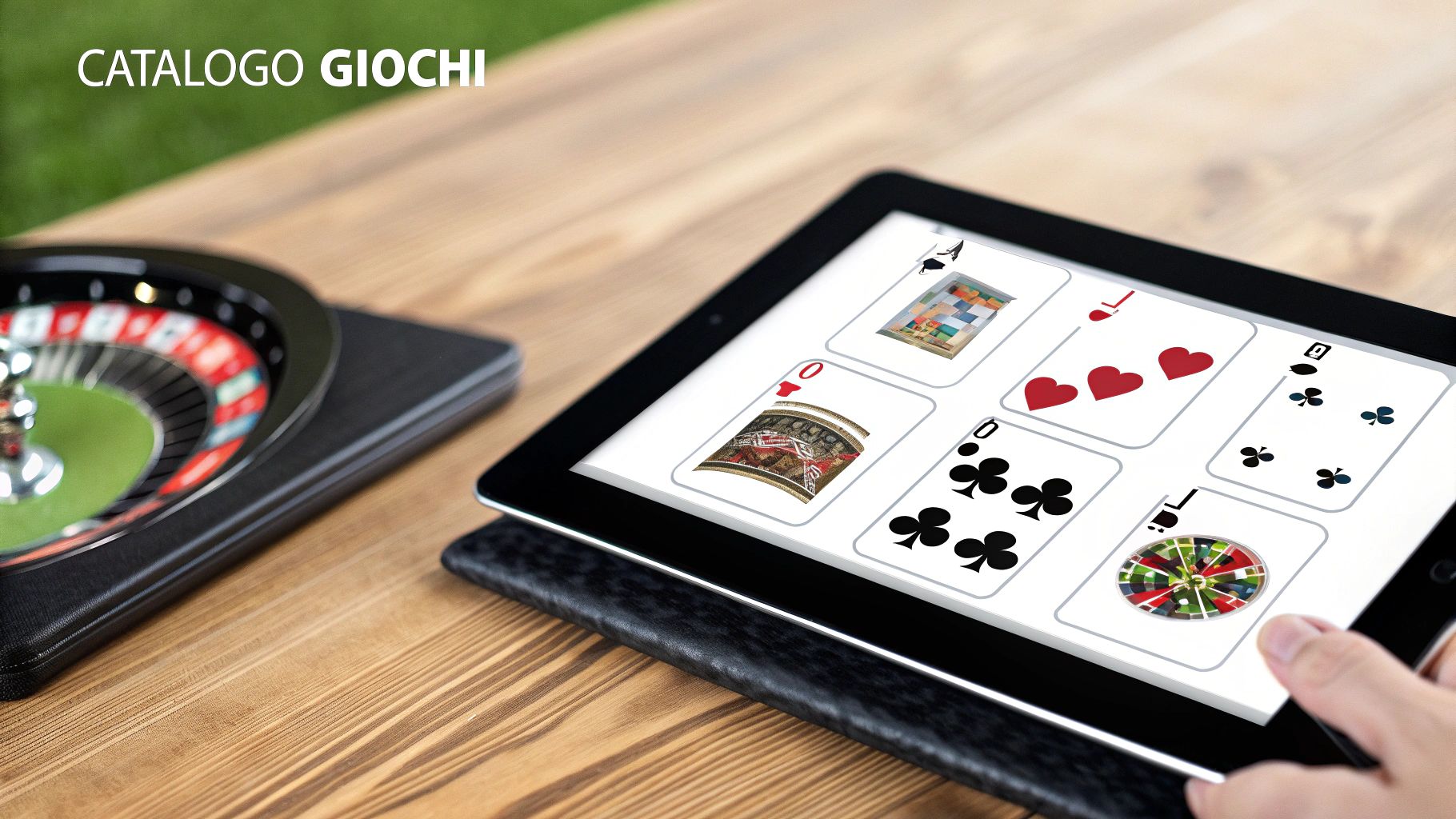 Catalogo giochi su tablet e roulette fisica su tavolo di legno. Esperienza di casinò digitale e reale.