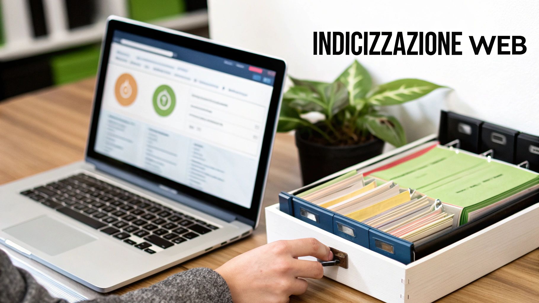 Un desk con laptop che mostra dati di indicizzazione web e una persona che organizza documenti.
