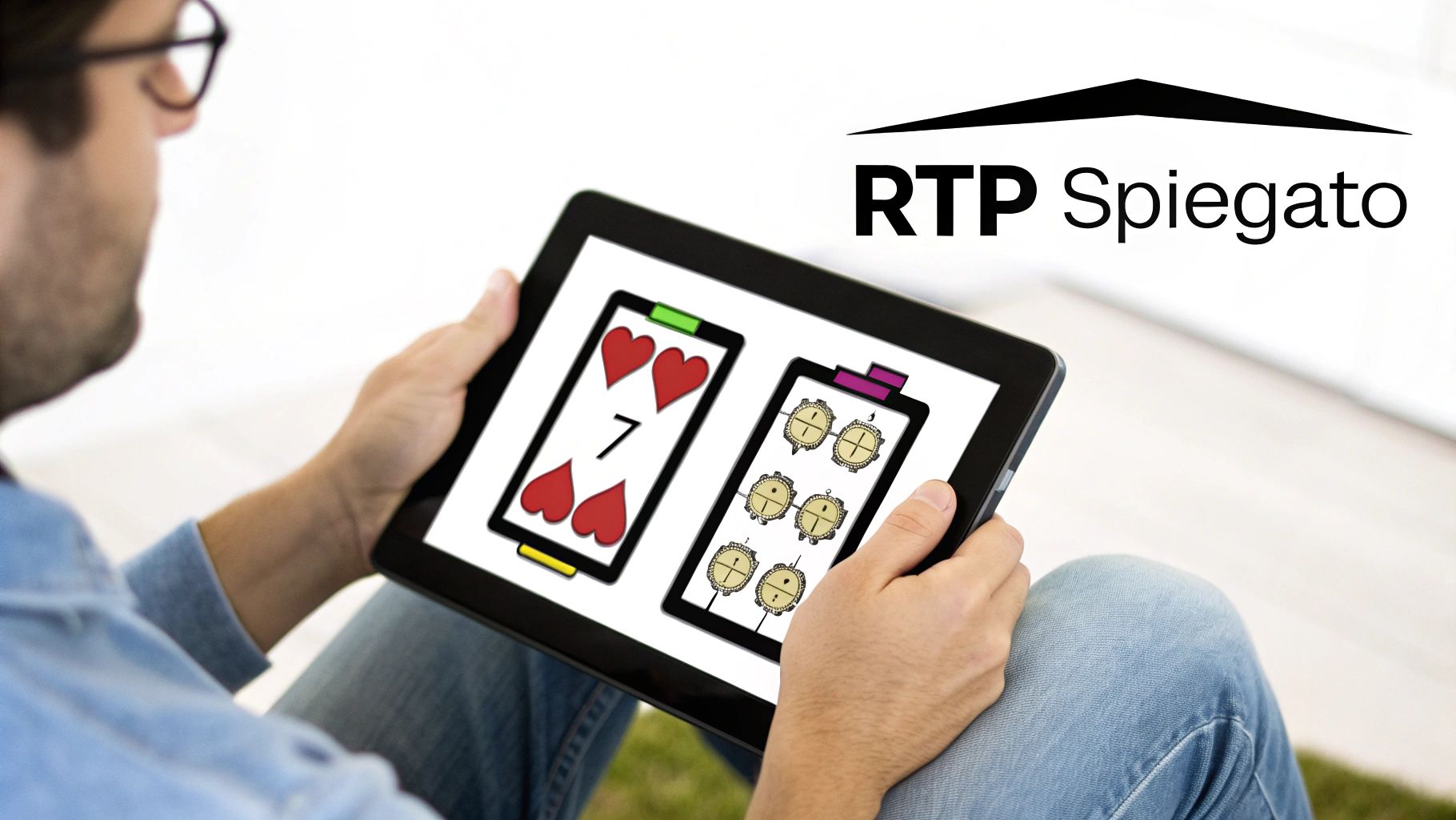 Persona che tiene un tablet con un gioco di carte e simboli di slot machine, con il logo RTP Spiegato.