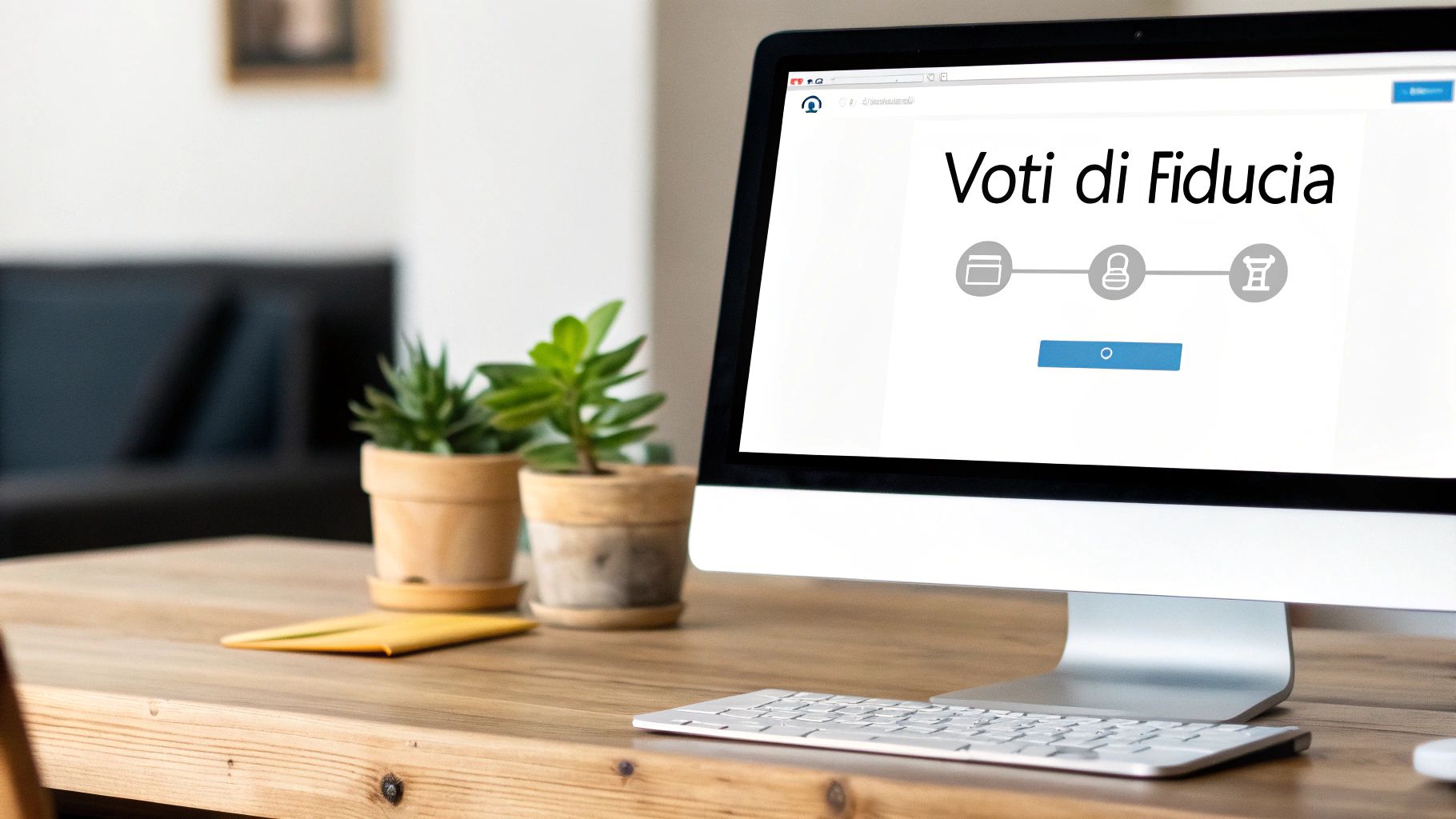 Monitor di un computer su scrivania in legno che mostra una pagina web 'Voti di Fiducia' con icone di progresso.