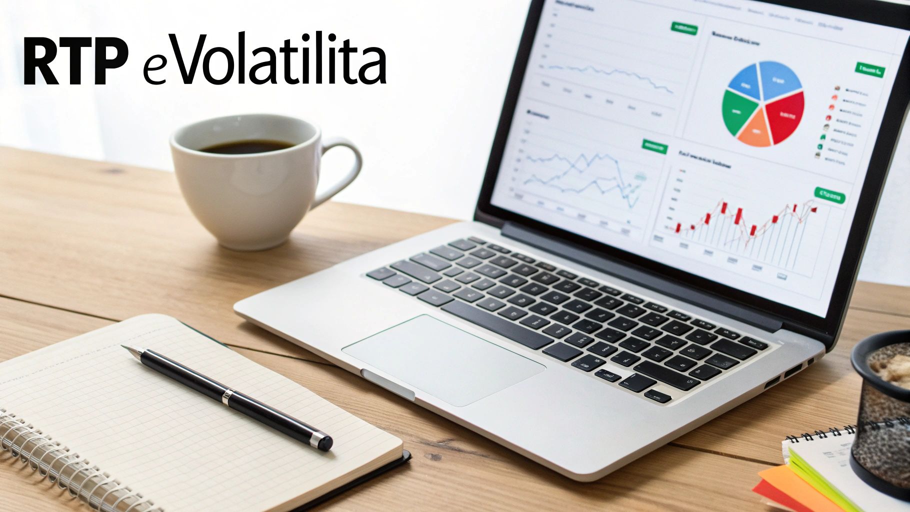 Un laptop con grafici, una tazza di caffè e un quaderno su una scrivania di legno, con il testo 'RTP e Volatilità'.