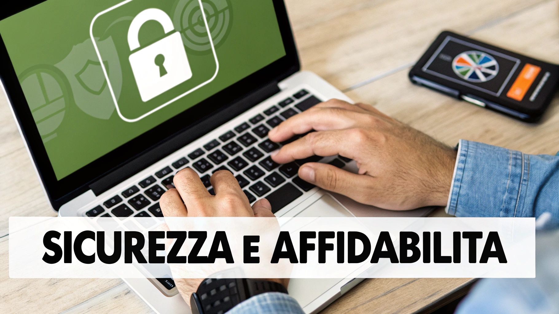 Una persona digita su un laptop che mostra un lucchetto aperto, con la scritta 'SICUREZZA E AFFIDABILITA' in primo piano, simboleggiando la sicurezza digitale.