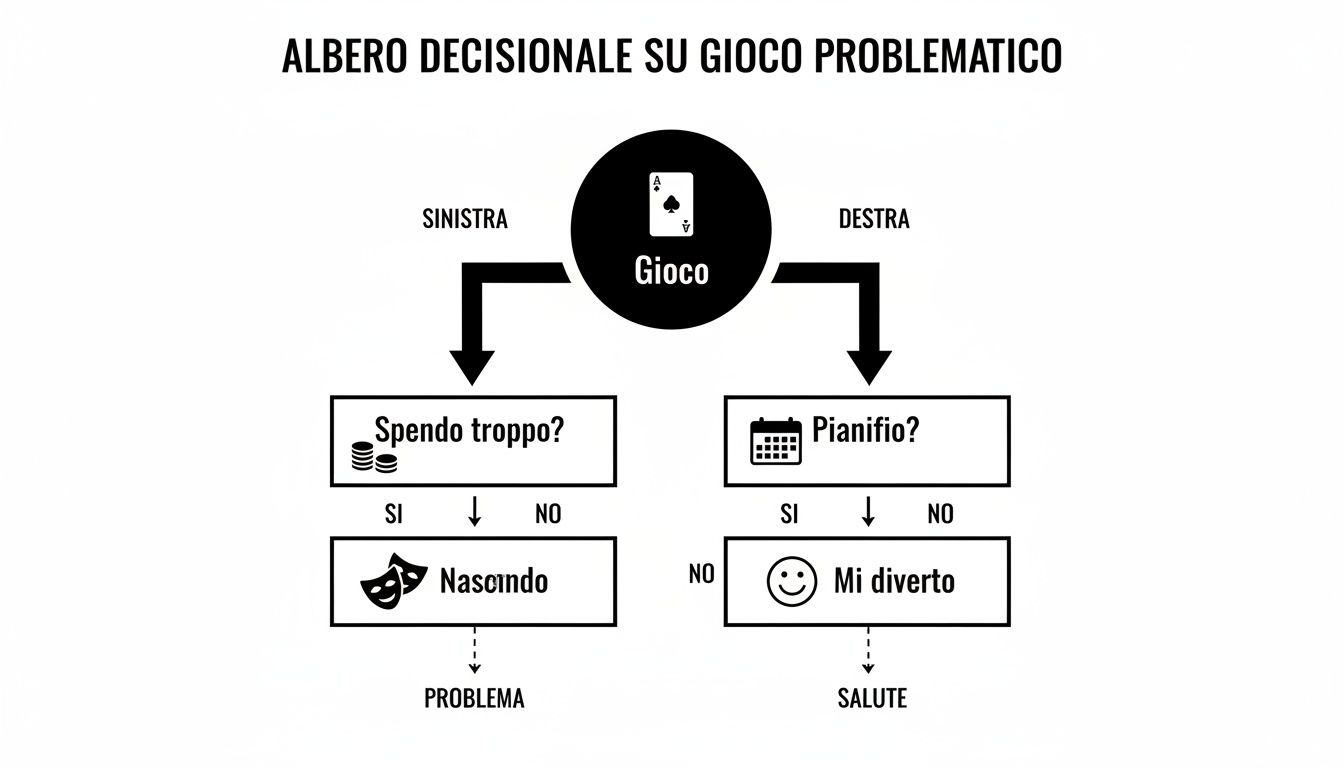 Un albero decisionale mostra come il gioco possa portare a problemi o salute in base a spesa e pianificazione.