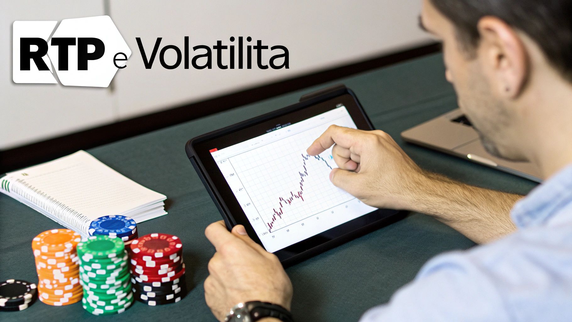 Uomo esamina grafici su tablet con fiches da poker e taccuino, il testo recita 'RTP e Volatilità'.