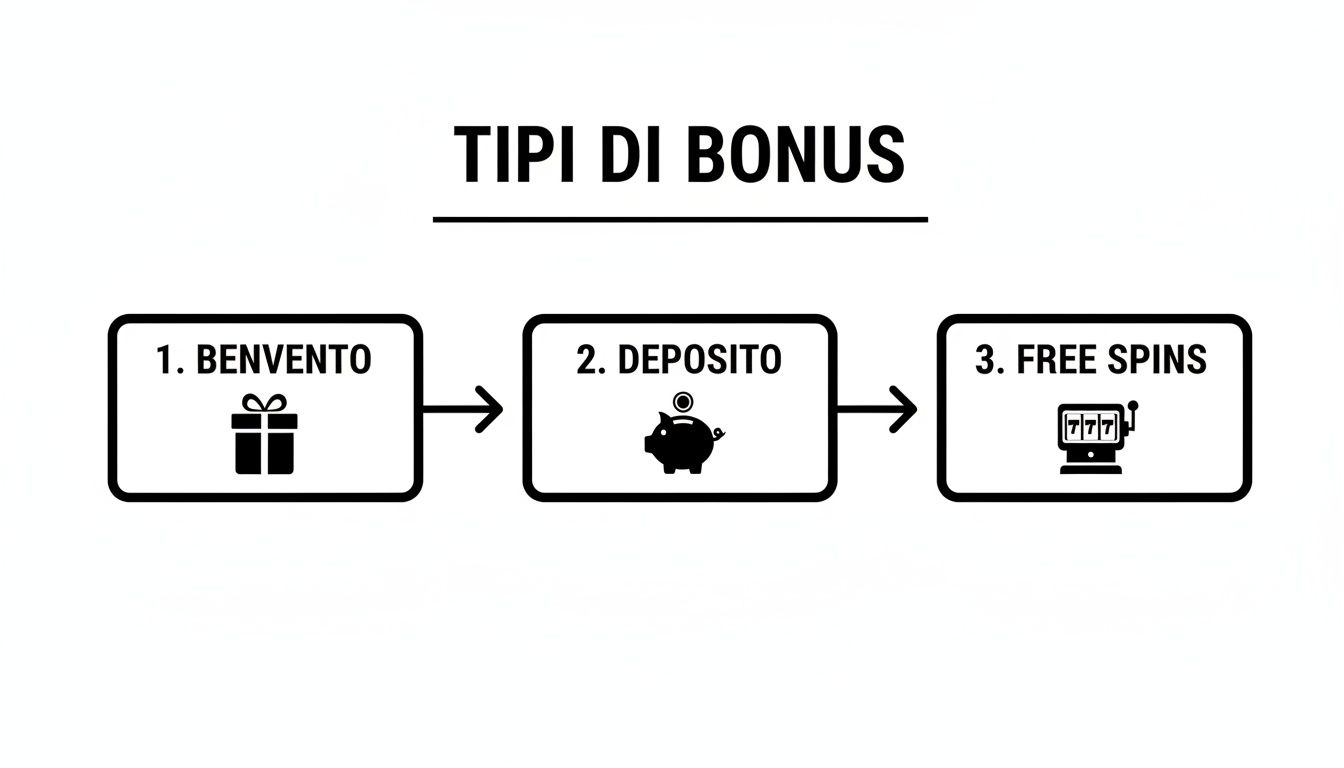 Diagramma che illustra i tipi di bonus disponibili: Benvenuto con regalo, Deposito con salvadanaio e Free Spins con slot machine.