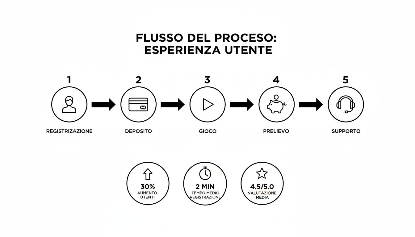 Infografica chiara del flusso di processo dell'esperienza utente, mostrando fasi come registrazione, deposito, gioco, prelievo e supporto, con metriche di performance.