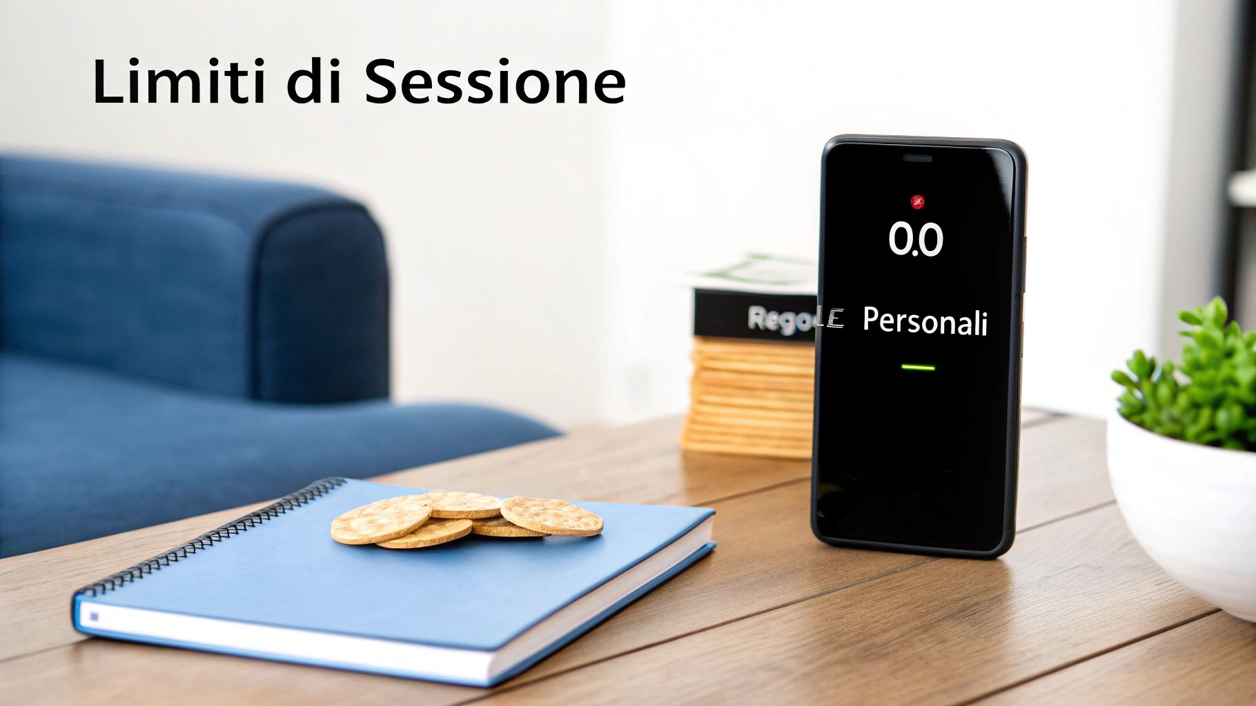 Uno smartphone nero mostra '0.0 Personali' e 'Limiti di Sessione' su un tavolo con un notebook e biscotti.
