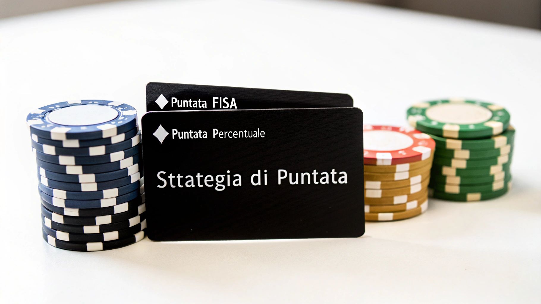 Pile di fiches da poker blu, rosse e verdi affiancate a carte nere con strategie di puntata.