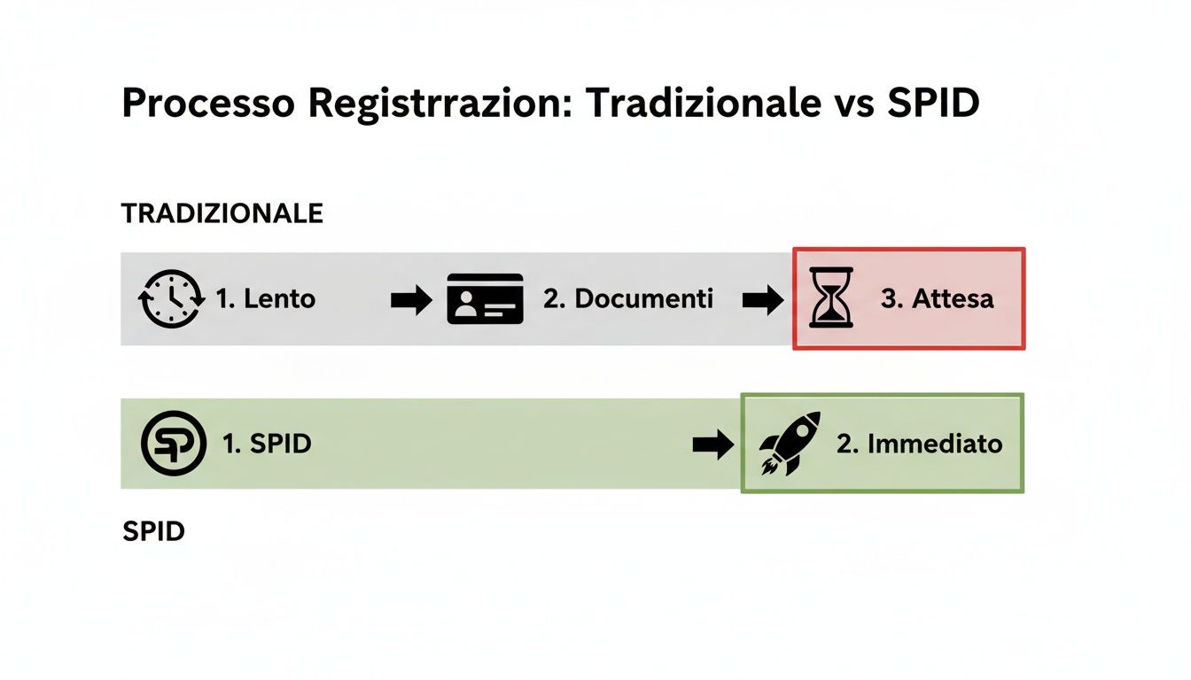 Schema comparativo della registrazione tradizionale (lenta, documenti, attesa) versus il processo immediato e digitale con SPID.