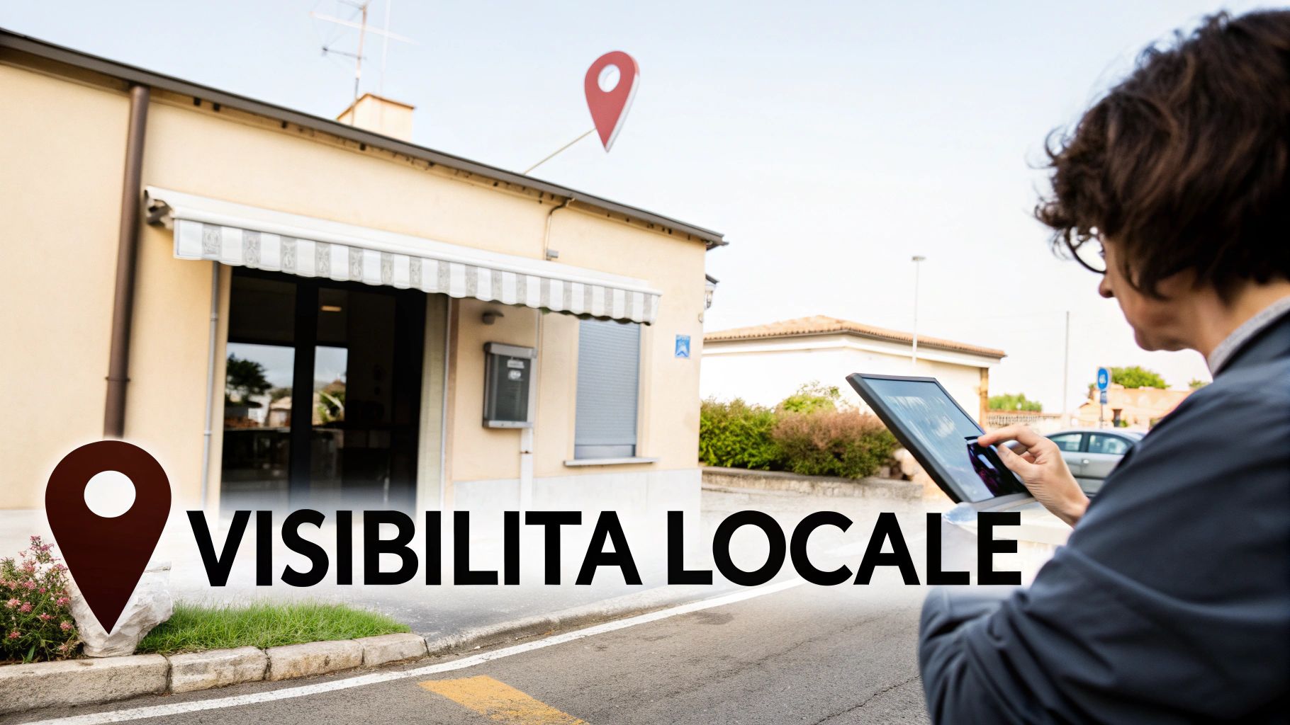 Una persona usa un tablet con pin di geolocalizzazione e testo "VISIBILITA LOCALE" per la promozione di attività.
