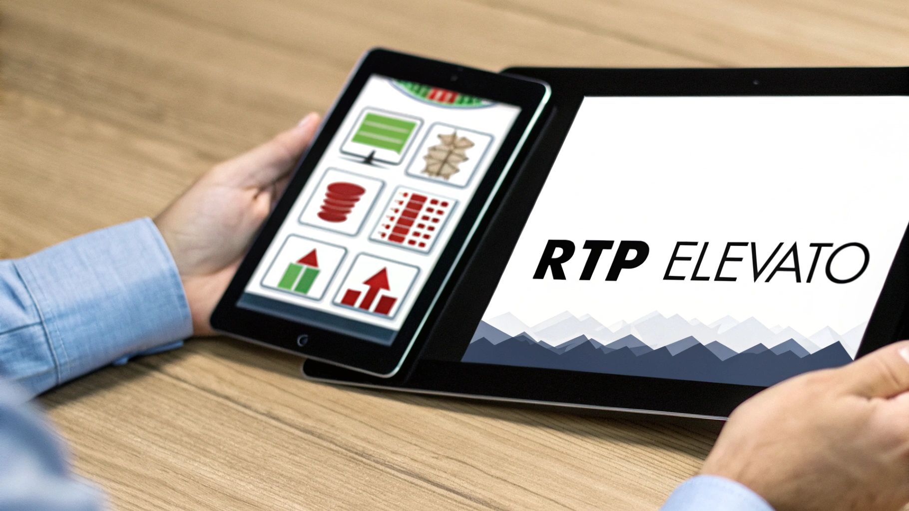 Persona che tiene due tablet con schermate di gioco e testo 'RTP ELEVATO' su un tavolo di legno.