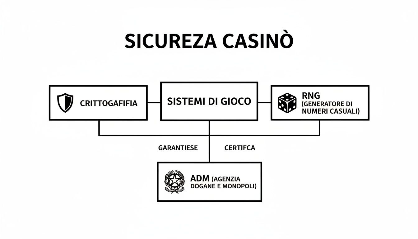 Diagramma esplicativo sulla sicurezza del casinò online, che illustra i collegamenti tra crittografia, sistemi di gioco, RNG e l'ente ADM.