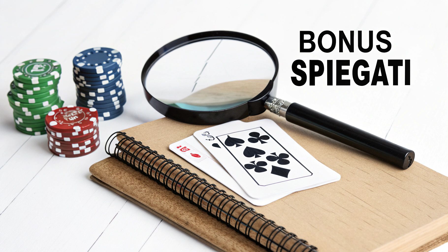 Fiches da casinò, lente d'ingrandimento, carte da gioco e un taccuino con il testo "BONUS SPIEGATI" su un tavolo di legno bianco.