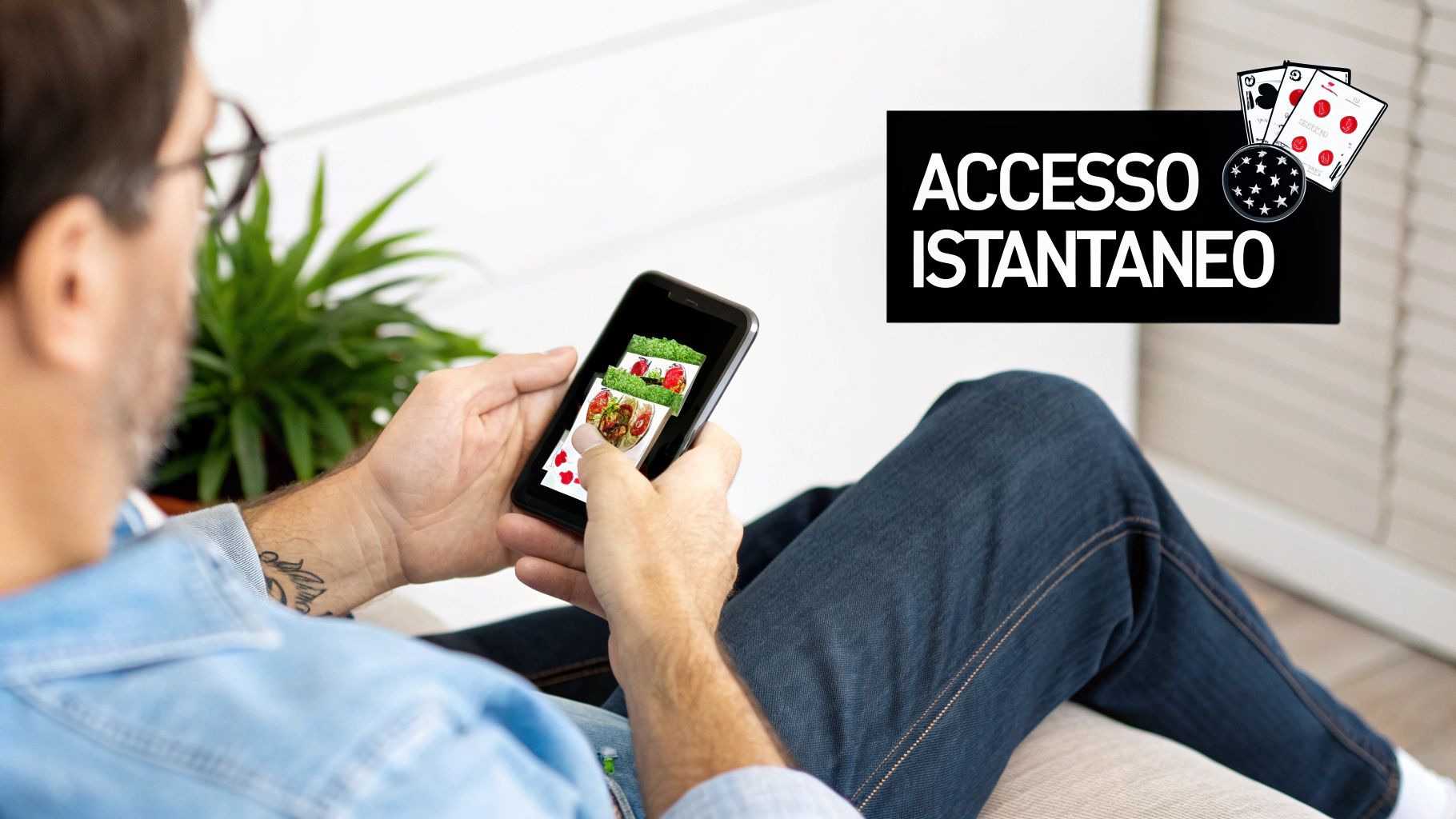 Uomo seduto sul divano che guarda lo smartphone, con grafica "ACCESSO ISTANTANEO" e simboli di casinò.