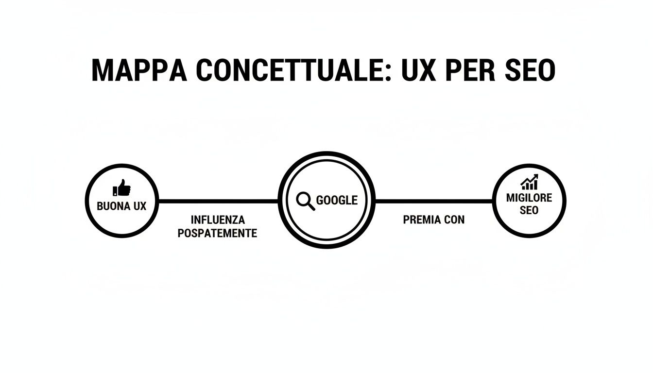 Mappa concettuale che illustra come una buona UX influenzi Google e porti a un migliore SEO.