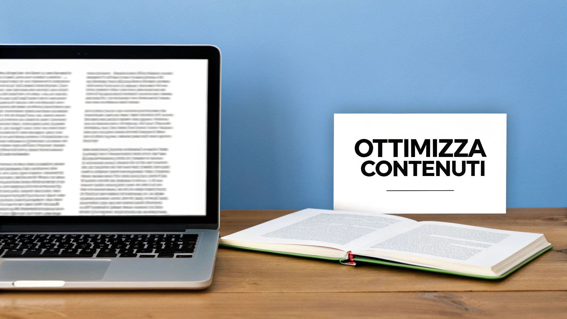Laptop, libro aperto e cartello bianco con la scritta 'OTTIMIZZA CONTENUTI' su una scrivania di legno con sfondo blu.