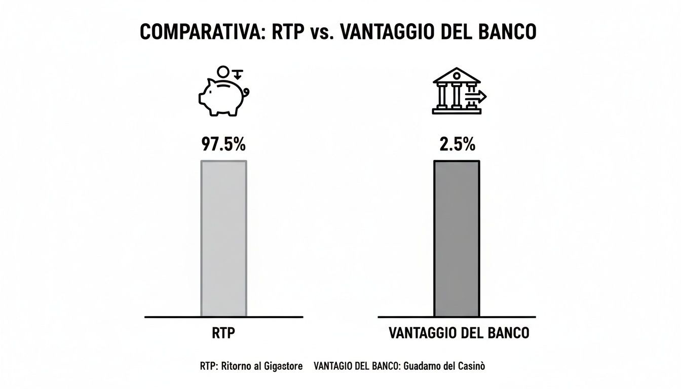 Grafico comparativo tra RTP (97.5% per il giocatore) e il vantaggio del banco (2.5% per il casinò).