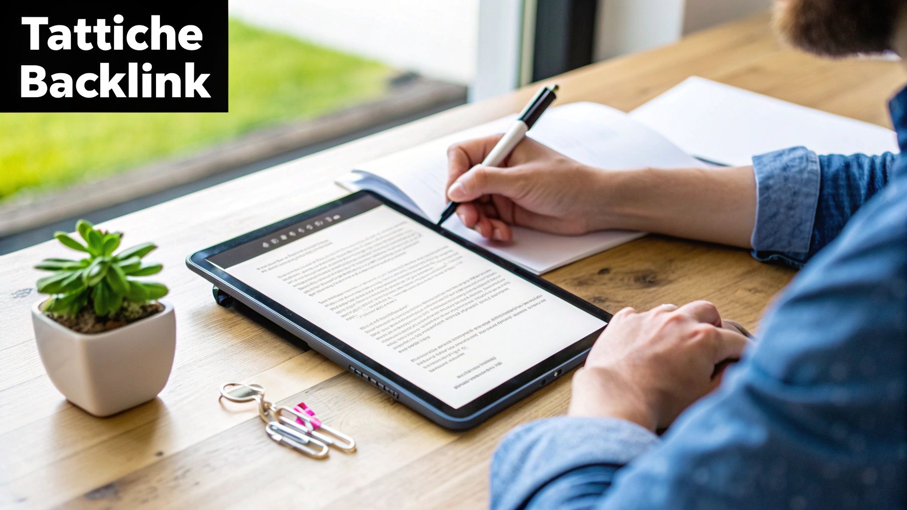 Una persona prende appunti da un tablet, studiando tattiche di backlink su una scrivania di legno chiara.