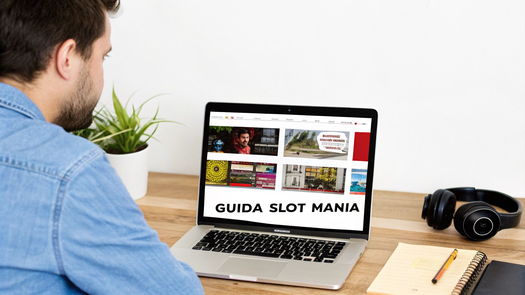 Un uomo barbuto guarda il suo laptop su una scrivania in legno, che mostra il titolo 'GUIDA SLOT MANIA'.