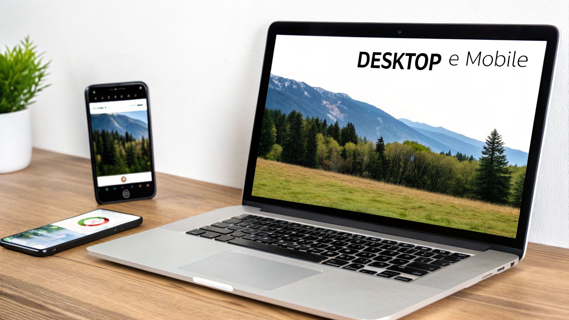 Scrivania con un laptop e due smartphone che mostrano un paesaggio montano e la scritta 'DESKTOP e Mobile'.