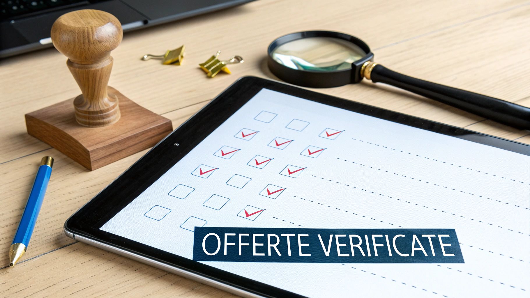 Tablet su scrivania mostra una checklist con molte offerte verificate, simboleggiando precisione e controllo.