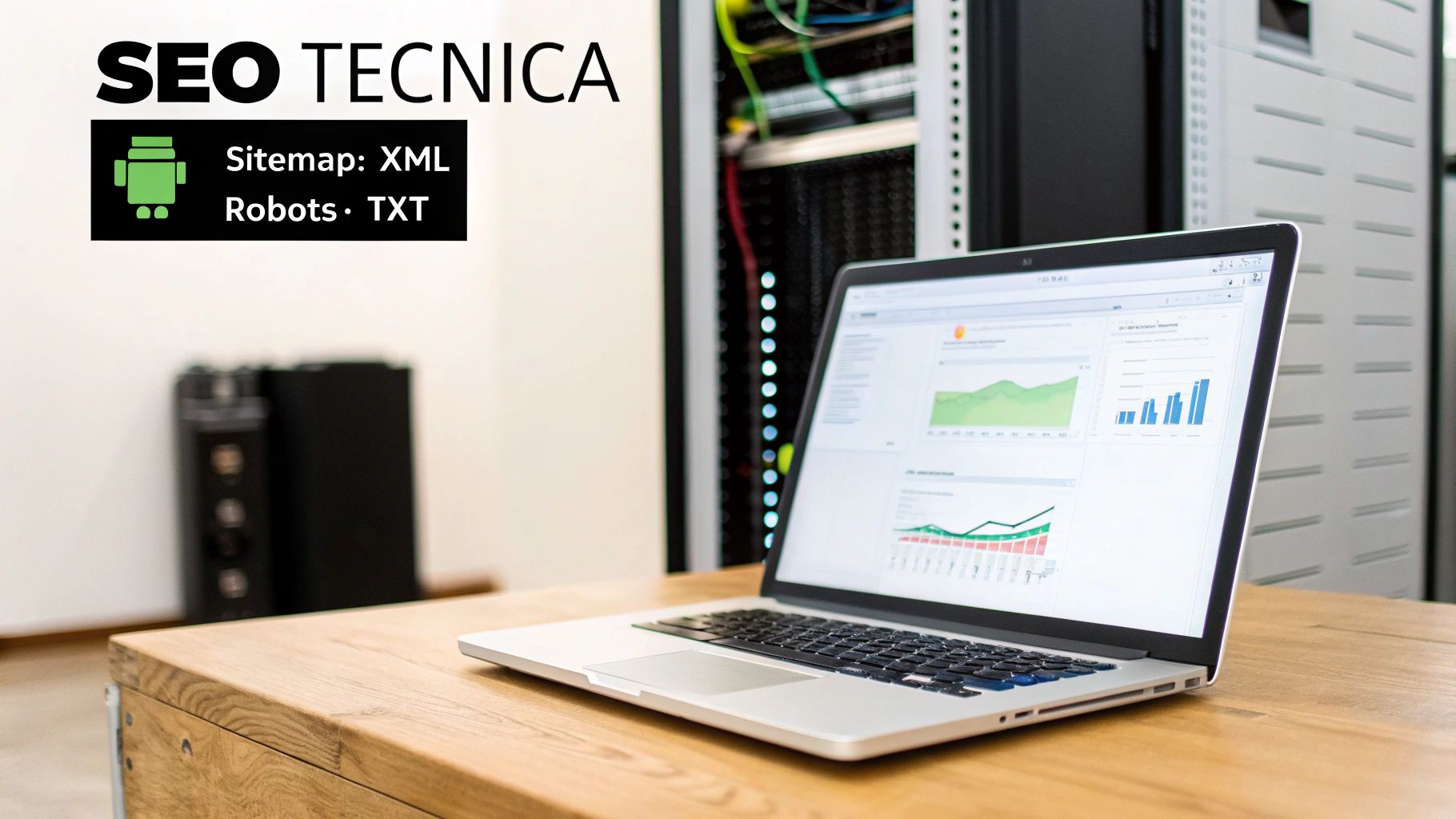 Un laptop su una scrivania in legno mostra dati di analisi SEO, con riferimenti a Sitemap XML e Robots TXT.