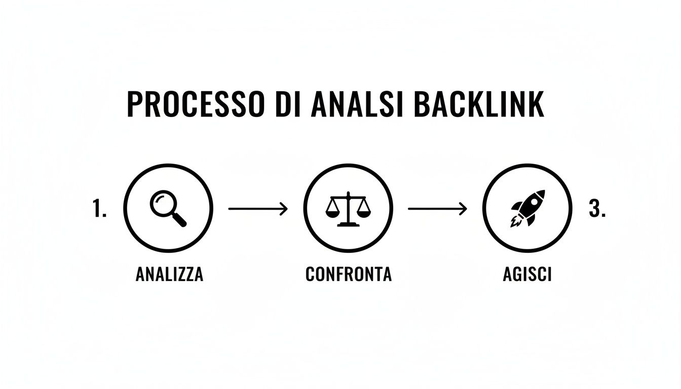 Schema visivo che illustra il processo di analisi dei backlink in tre fasi: analizza, confronta e agisci.