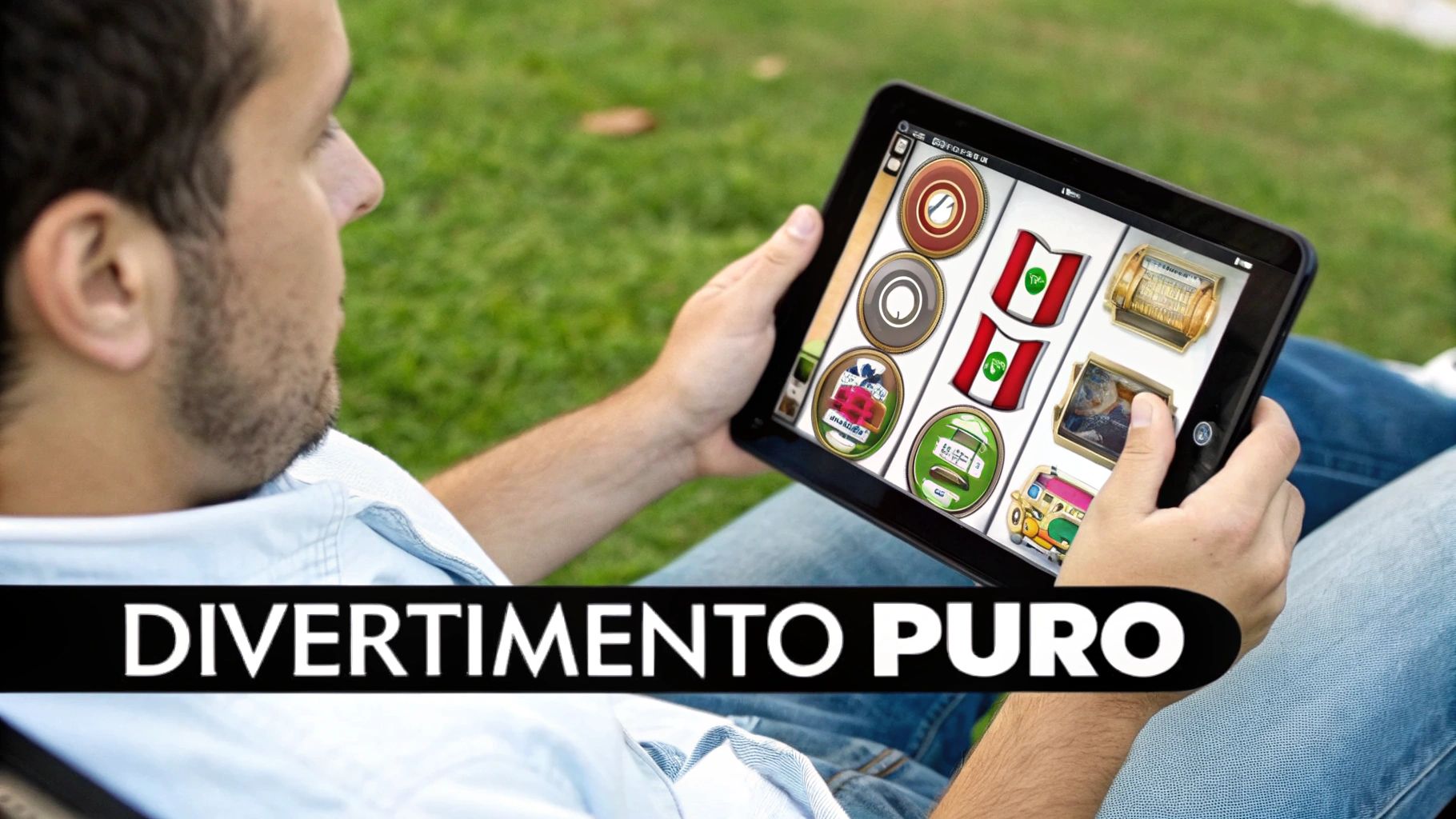 Un uomo barbuto si rilassa all'aperto, giocando a un gioco di slot machine sul suo tablet. Sottolineato, il testo recita 'Divertimento Puro'.
