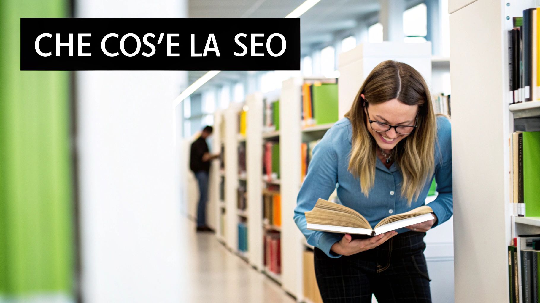Donna sorridente con occhiali legge un libro in biblioteca, con testo 'CHE COS'E LA SEO'.