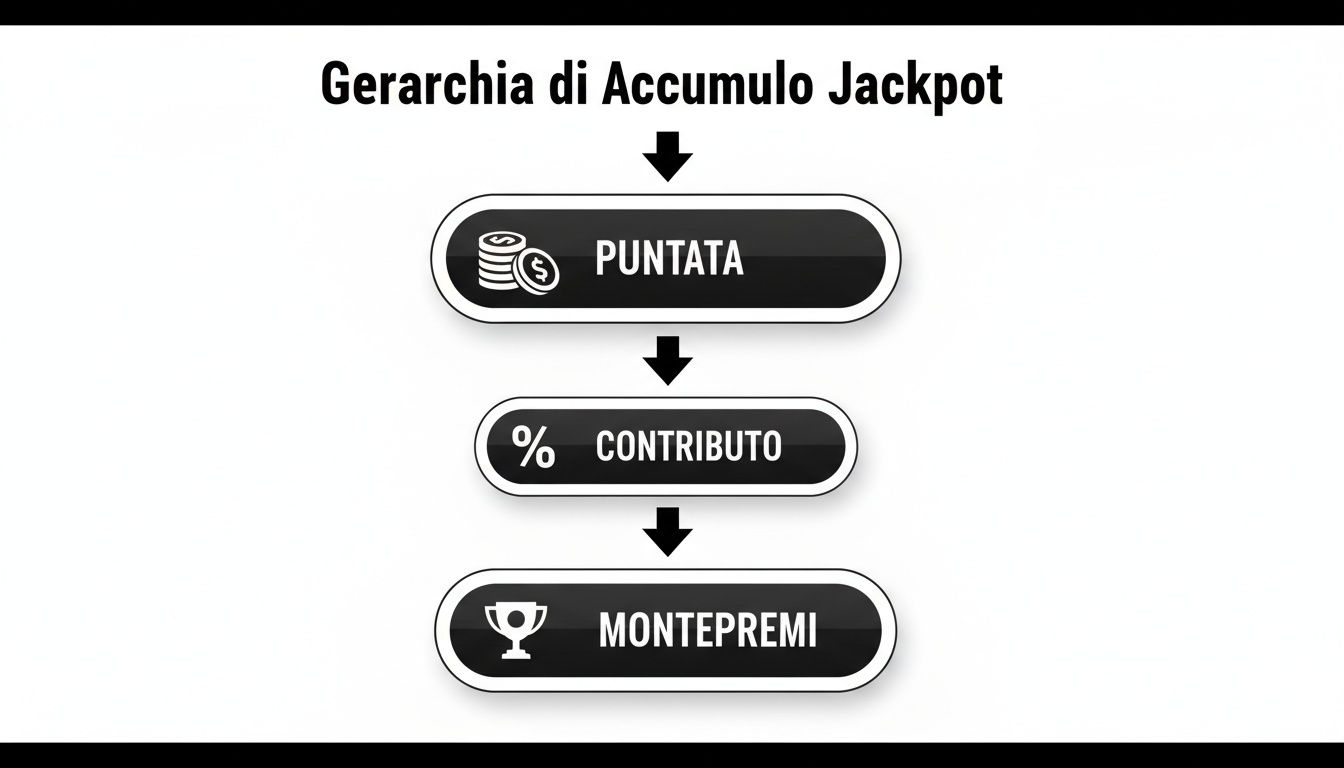 Diagramma di flusso che illustra la gerarchia di accumulo del jackpot: puntata, contributo e montepremi.