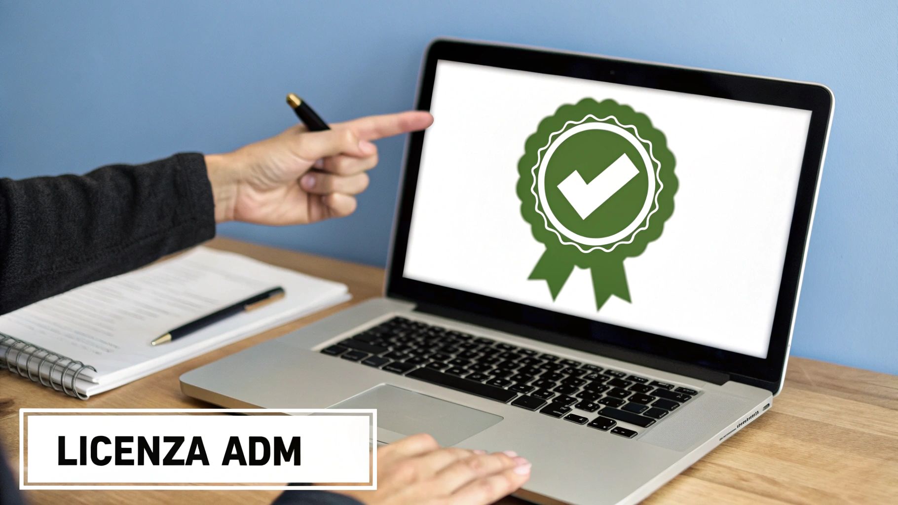 Persona indica uno schermo di laptop con badge verde di approvazione e testo 'LICENZA ADM', suggerendo conformità.
