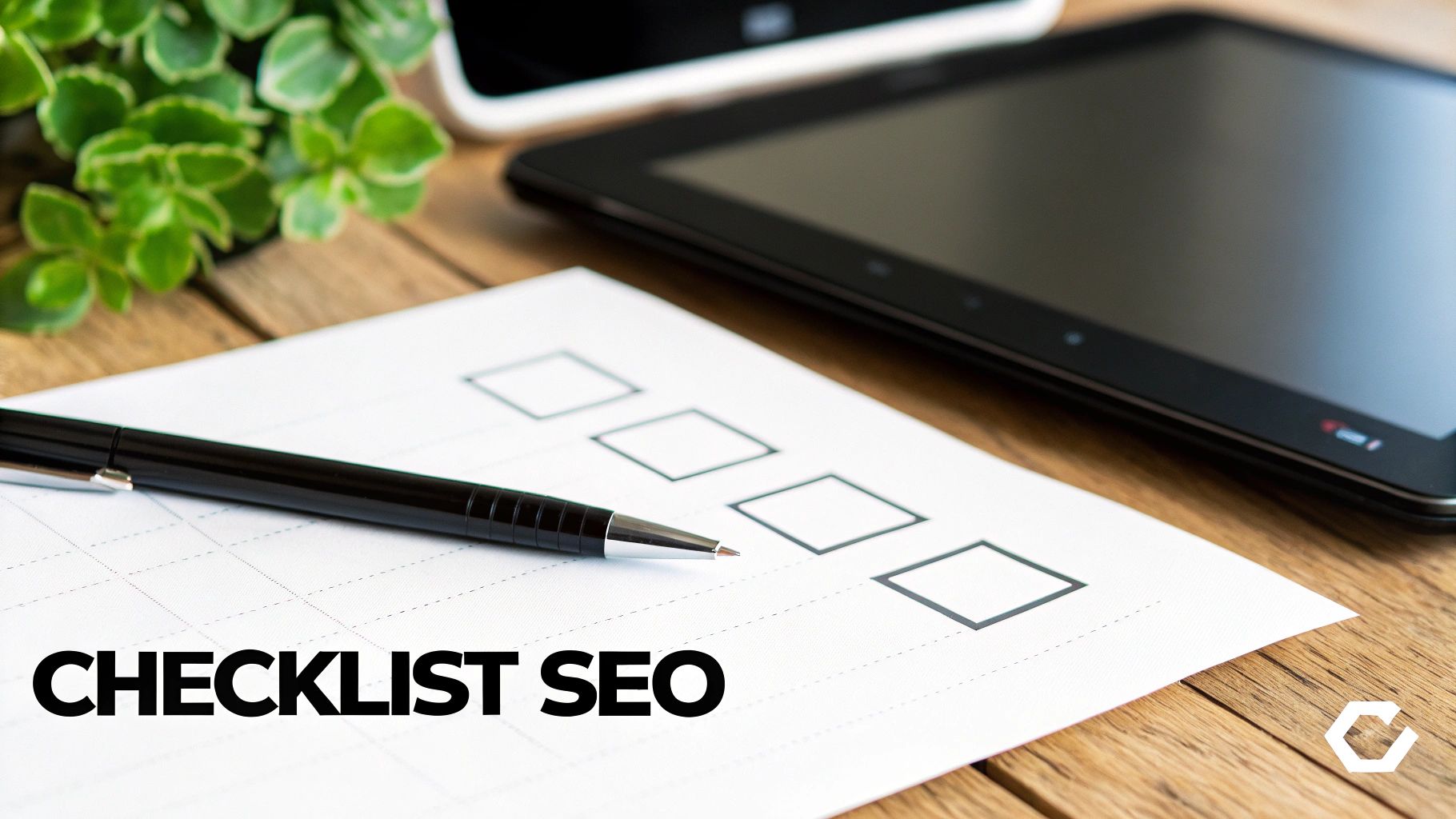 Penna su una checklist SEO con caselle di controllo su un tavolo di legno, con un tablet sullo sfondo.
