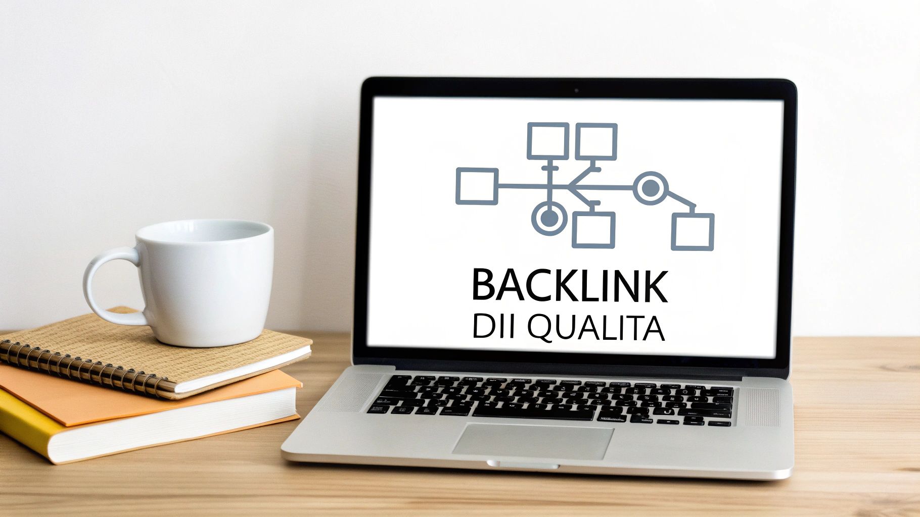 Un laptop mostra 'BACKLINK DI QUALITA' e un diagramma di rete, con una tazza e libri su una scrivania in legno.