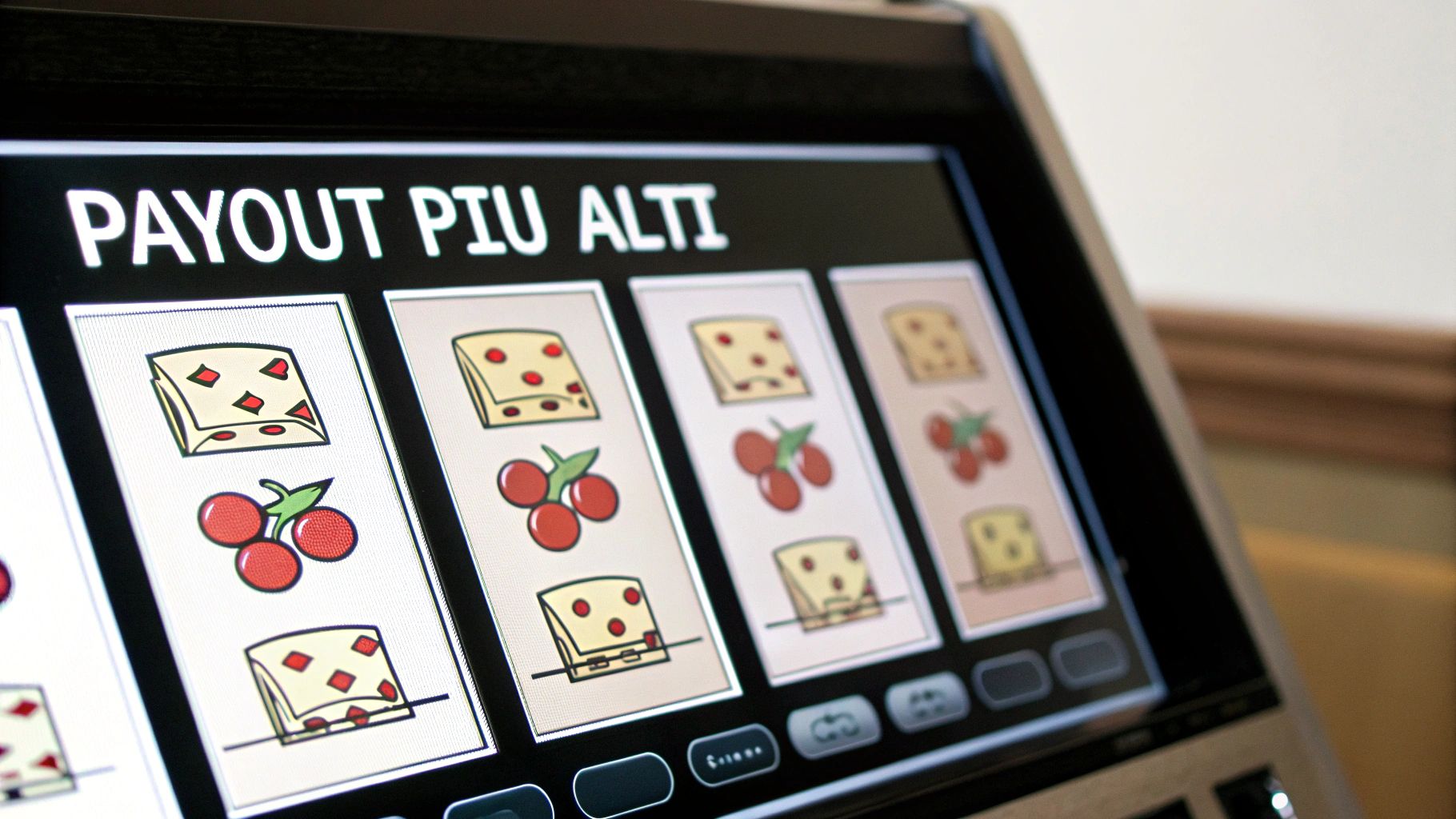Schermo luminoso di una slot machine con la scritta 'PAYOUT PIÙ ALTI' e simboli di gioco.