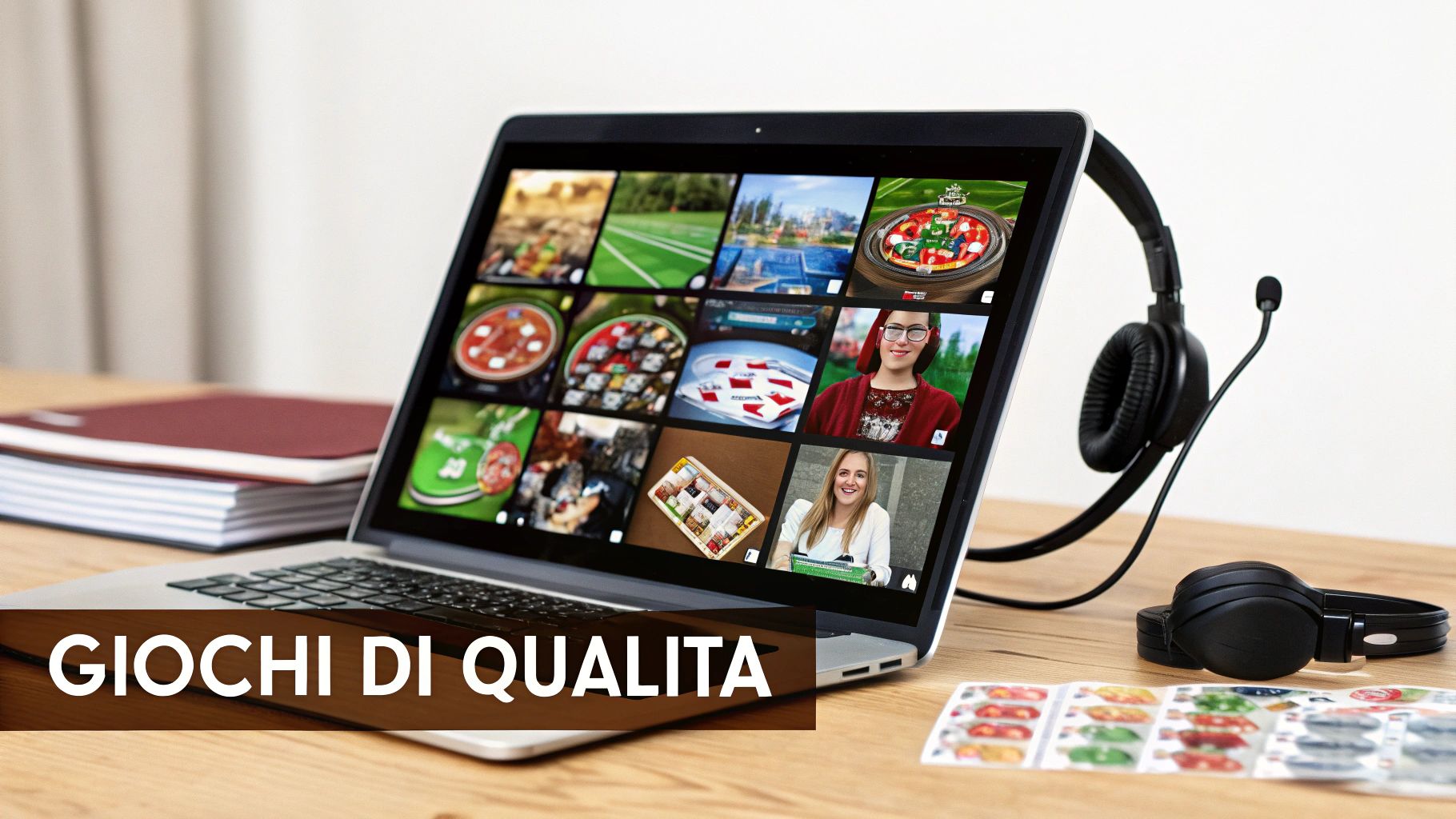 Un laptop su una scrivania di legno mostra giochi online di qualità, con cuffie e un blocco note, per un'esperienza di casinò virtuale.