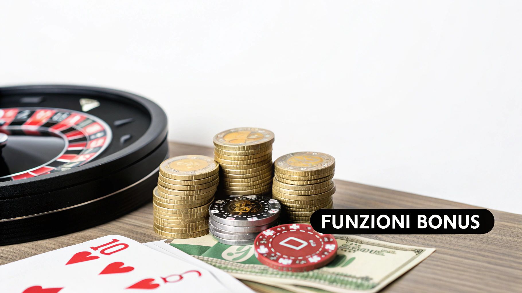 Tavolo da gioco con roulette, pile di monete euro, fiches da poker, carte da gioco e banconote, con la scritta 'FUNZIONI BONUS'.