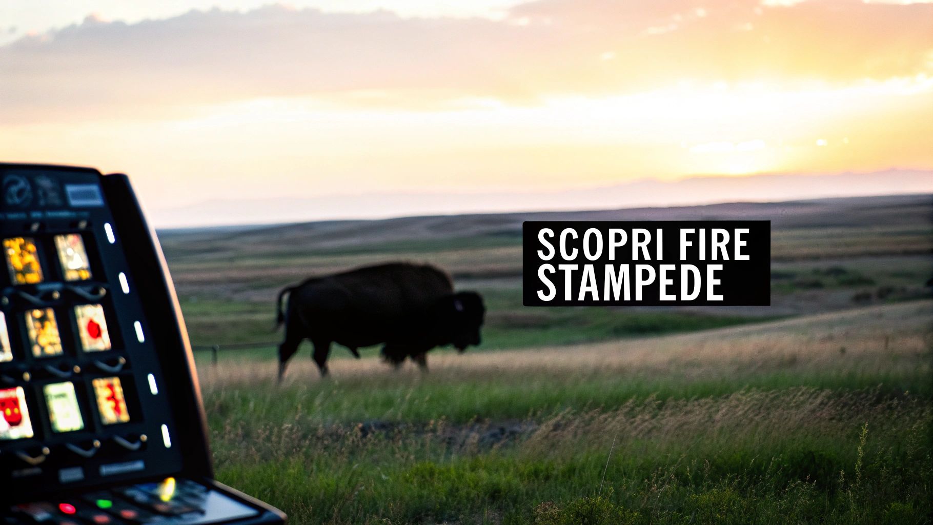Una slot machine in primo piano con un bisonte in un campo erboso al tramonto e il testo 'SCOPRI FIRE STAMPEDE'.